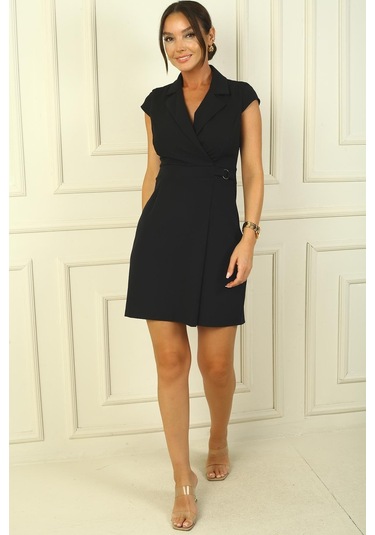 Kruvaze Yaka Toka Detaylı Eteği Pileli Likralı Krep Elbise-38552-siyah Siyah