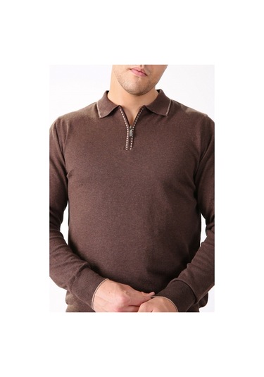 Ferraro Kahve Polo Yaka Fermuarlı Erkek Pamuk Kazak Kahverengi