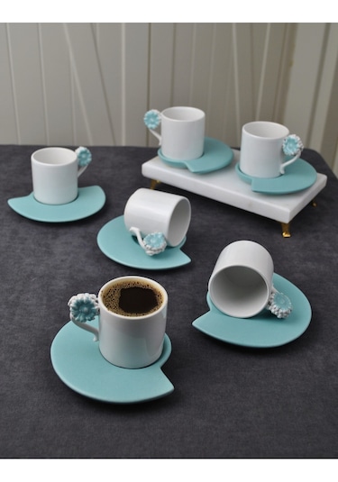 6 Kişilik 12 Parça Seramik Çiçekli Kahve Fincanı 100 Ml Türk Kahve Fincan Takımı Mavi