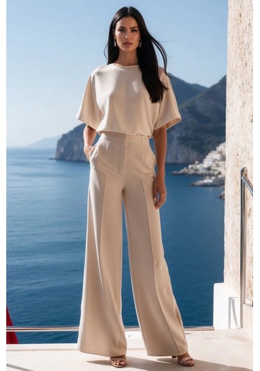Modasize Kadın Kısa Kollu Bisiklet Yaka Bluz Yüksek Bel Cep Detaylı Pantolon Atlas Ikili Takım Bej