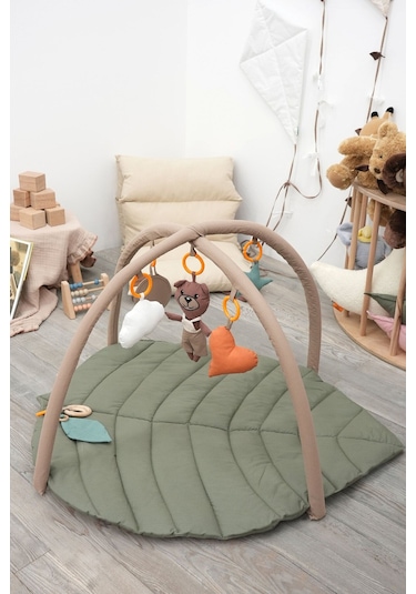 Mordesign Bebek Oyun Alanı,ayı Bebek Aktivite Matı,yaprak Oyun Matı, Bebek Egzersiz Set,baby Gym Seri, Haki