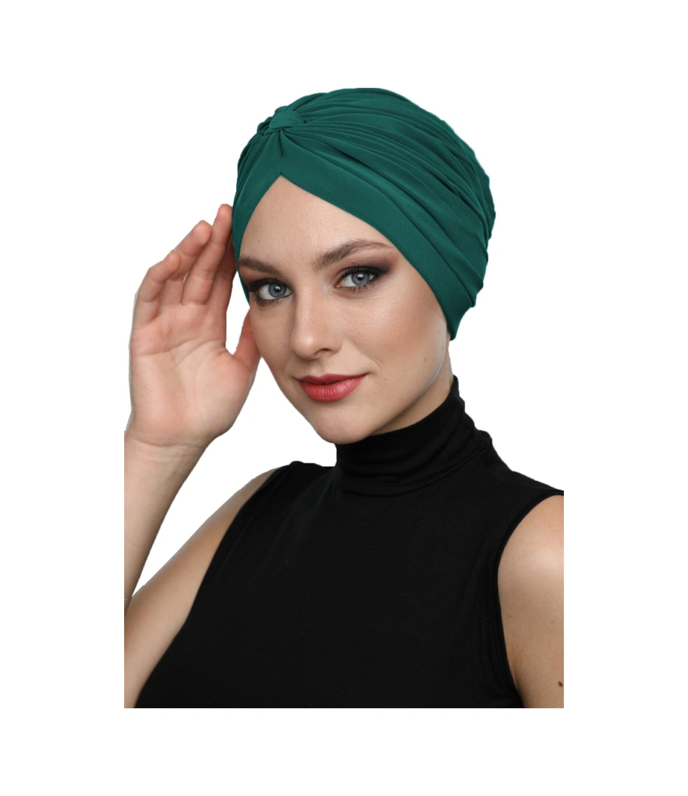 Çapraz Bantlı Yeşil Hazır Türban Tesettür Havuz Bonesi Hürrem