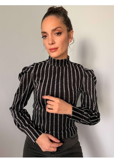 Ali Butik Siyah Simli Gümüş Çizgili Karpuz Kol Bluz Siyah