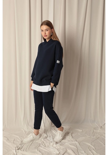 Üç İplik Kumaş Kapüşonlu Kadın Lacivert Sweat Çok Renkli