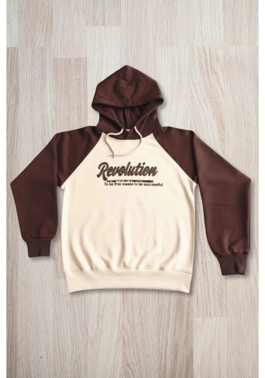 Yazı Desenli Kapşonlu Kahverengi Renk Kız Çocuk Takım Kahverengi