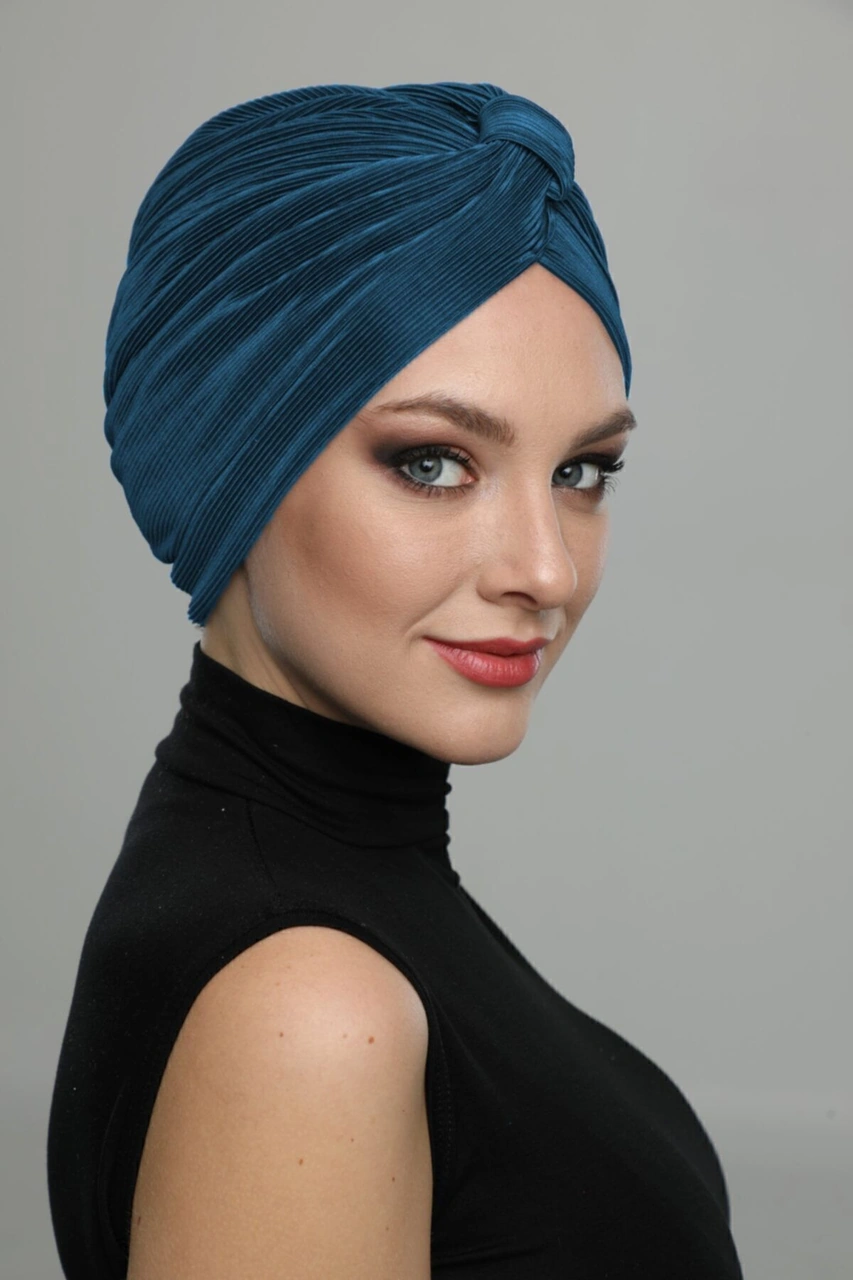 Çapraz Plise Bantlı Astarlı Petrol Hazır Türban Tesettür Havuz Bonesi Petrol