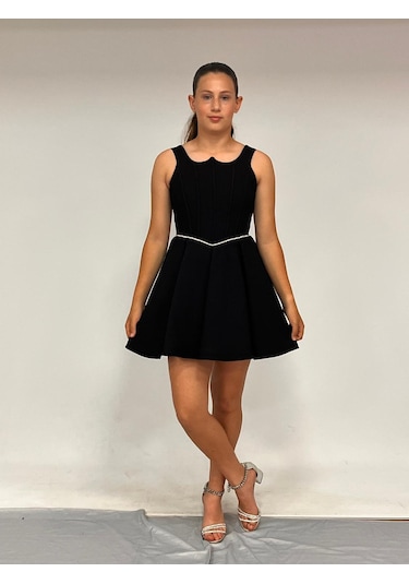 Kız Çocuk Abiye Siyah Krep Kısa Bel İnce Şerit Taş Detaylı Taş Kısa Abiye Elbise 10-15 Yaş Siyah