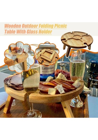 Açık Şarap Piknik Masası 30X16 Cm Katlanır Ahşap Aperatif Ve Peynir Tepsisi Ile 4 Şarap Bardakları Tutucu Çok Renkli
