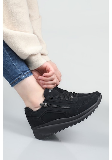 Konfores 1662 Anatomik Tabanlı Fermuarlı Bayan Sneakers Siyah Nubuk Siyah