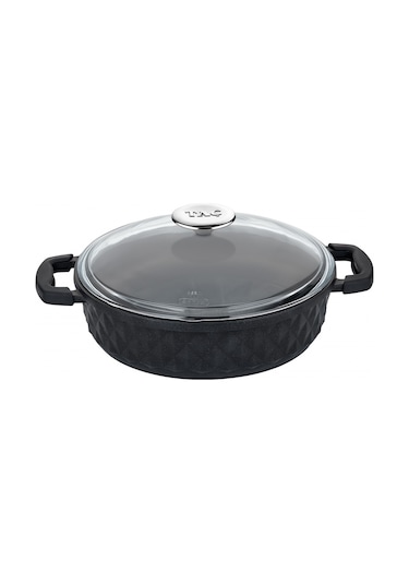 Taç Bella Tencere Cam Kapak Döküm Basık Tencere 26 Cm Siyah