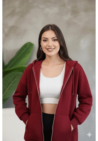 Kadın Genç Unisex Cepli Kapüşonlu Fermuarlı Sweatshirt Hırka Bordo