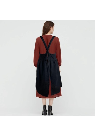 Kadınlar İçin Cepli Pamuklu Keten Önlük Çapraz Sırtlı İş Önlüğü Pin Saf Siyah Diğer