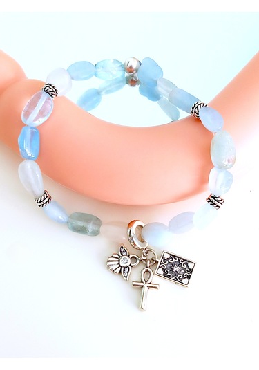18 Ayar Altın Kaplama Ank Haç Tasarım Aqua Marın Doğal Taşlı Gümüş Kadın Bileklik Doğum Günü Hediye Gümüş