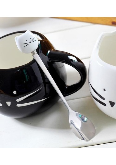 Seramik Sevimli Kedi Kupalar Kaşık Kahve Çay Süt Ile Hayvan Bardaklar Saplı 400 Ml Drinkware Güzel Hediyeler Kedi Kupa Kupa Kupa İle Kupa Siyah 07 Beyaz