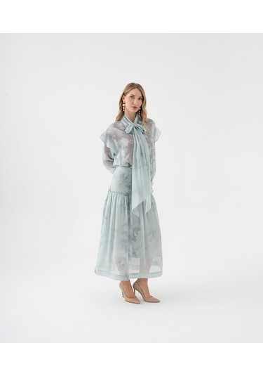 Fırfır Detaylı Transparan Çiçek Desenli Bağlama Yakalı Takım Yeşil