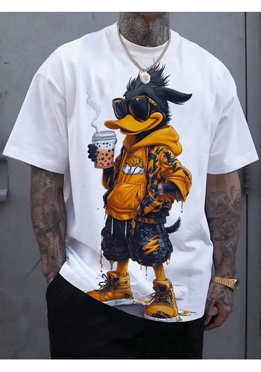 Snapbuy Komik Ördek Baskılı Erkek T-shirt - Rahat O-boyun Kısa Kollu Moda Tişört Altın
