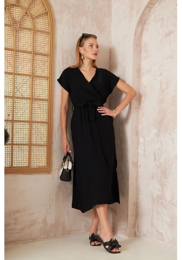 Kadın %100 Müslin Pamuk Yırtmaçlı Kruvaze Beli Kuşaklı Salaş Uzun Günlük Elbise 3612330 Siyah