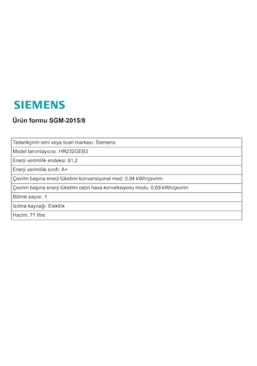 Siemens HR232GEB3 Buhar Destekli Ankastre Fırın Siyah Inox