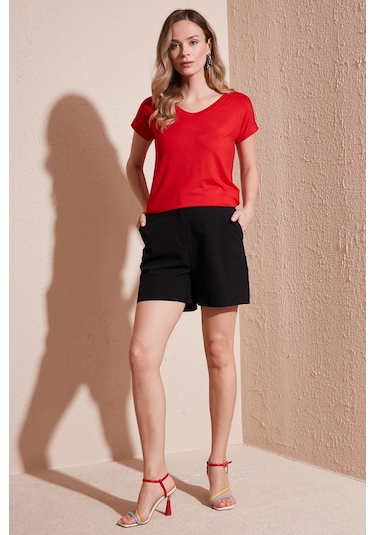 Lela V Yaka Rahat Kesim Yırtmaçlı Bayan Bluz 5862000 Kırmızı