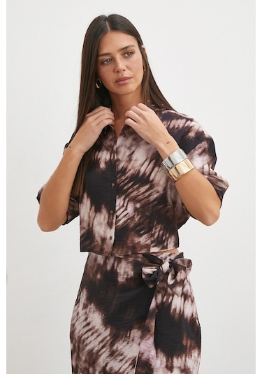 Uterpe Brown Mocha Tie Dye Cropped Shirt Bej