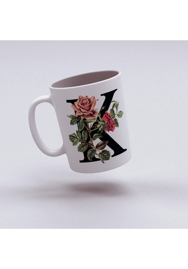 K Baş Harf Kırmızı Güller İle Sarılı Bardak 330 Ml Kişiye Özel Çiçekli Hediye Beyaz