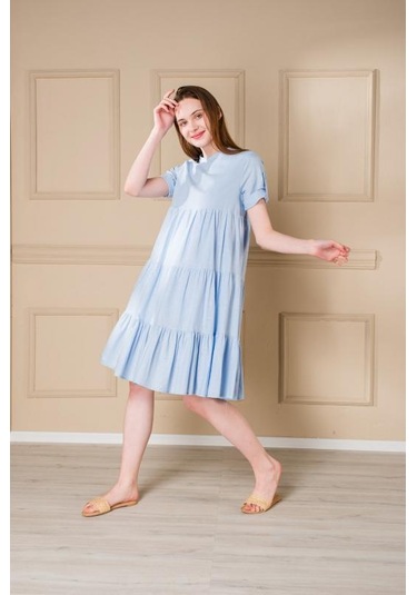 Pastelastore Kadın Yazlık Pamuk Kısa Elbise 1108 Bebe Mavisi