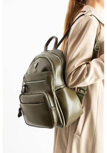 Vegan Deri Kadın Sırt Çantası 35 25 Cm Yağmur İtici Kumaş Mega Bag Günlük Kullanıma Uygun Yeşil