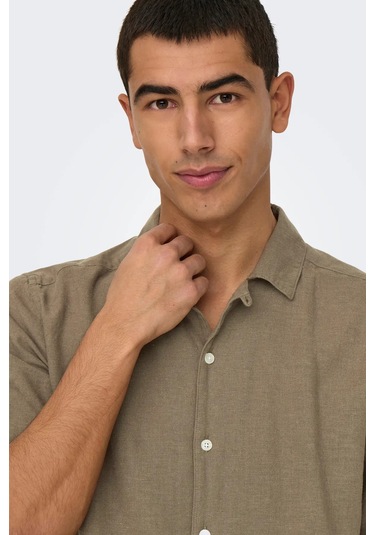 Only & Sons Erkek Onscaıden Kısa Kollu Keten Gömlek 22025116 Kahverengi Kahverengi