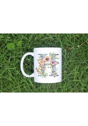 H Harfi Çiçekli Kupa Bardak - Soft Renk Çiçek Ve Kelebek Desenli Zarif Kahve Kupası - Bohem Beyaz