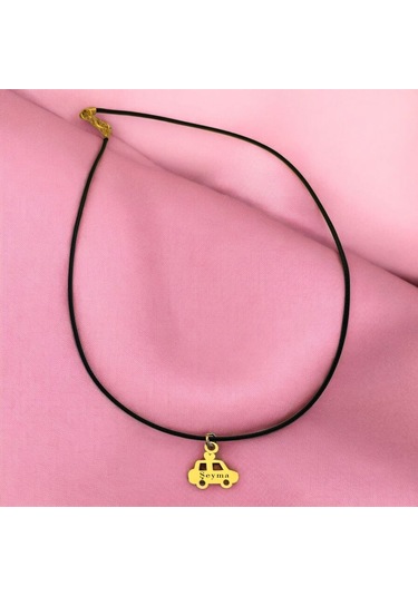 Şeyma İsmine Özel Araba Figürlü 14 Ayar Altın Plakalı Siyah Bağlıklı Hediyelik Kolye-630isim Şeyma