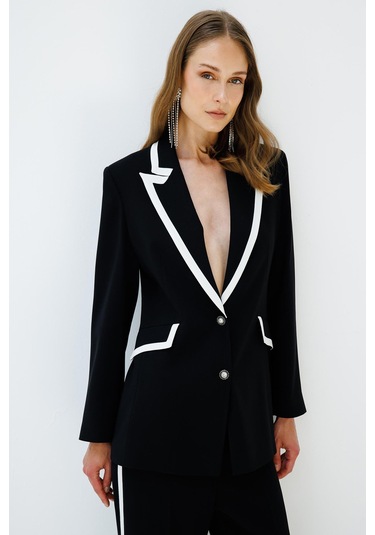 Moda İlgi Kadın Enkürüsteli Çift Düğme Ceket 7816 Siyah Siyah