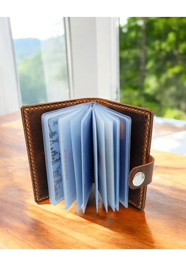 Cronder Hakiki Deri Şeffaf Bölmeli Kartlık Cüzdan Kahverengi