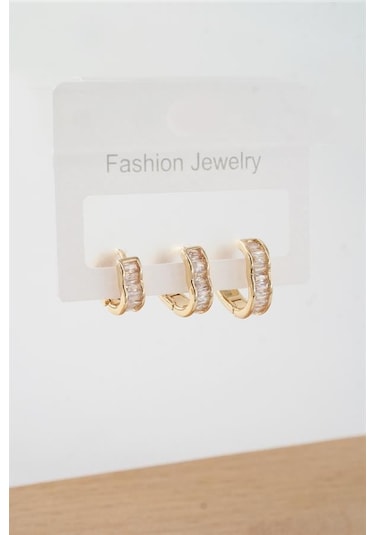 Kadın Vip Seri Baget Zirkon Taşlı Kalp Figürlü 3 Boy 3'lü Küpe Seti-5445 Altın