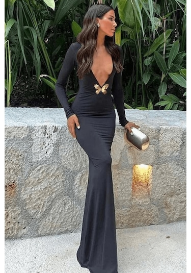 Kadın Yaz Katı Derin V Mermaid Elbise L
