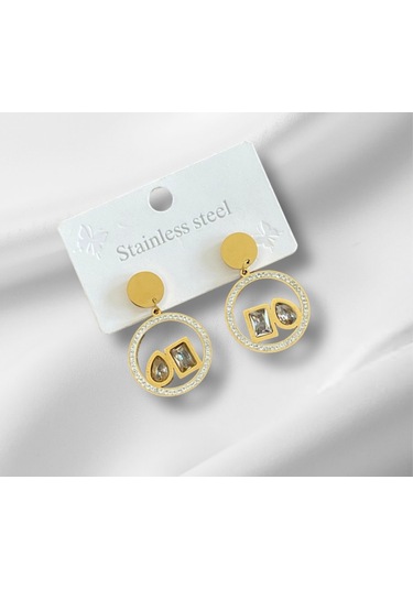 Özel Seri Altın Kaplama Beyaz Mineli Çelik Küpe