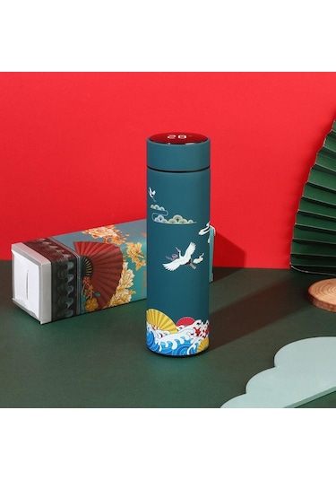 Yeşil Kapaklı Çift Katmanlı Ekran Çin Tarzı Kahve Tumbler Su Şişesi Termos Termos Bardak