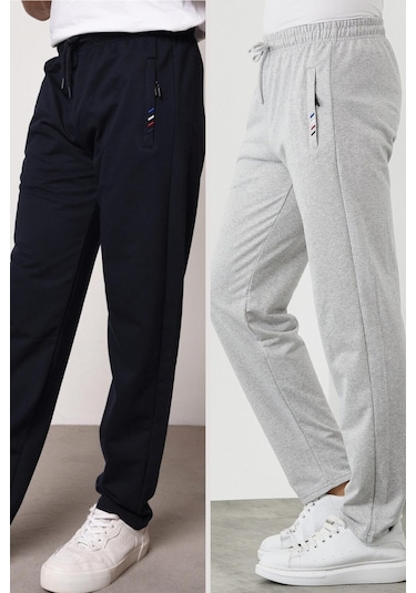 MMetalic Siyah-Antrasit Erkek Fermuar Cep Nakış Detaylı Düz Paça Rahat Kesim 2'li Eşofman Altı Paketi