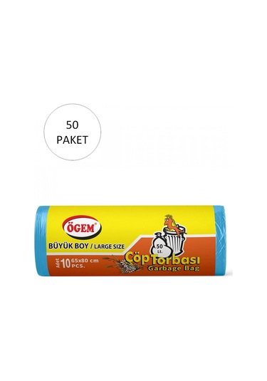 Büyük Boy Çöp Torbası 65 X 80 Cm 10 Lu Rulo X 50 Paket 500 Adet Mavi
