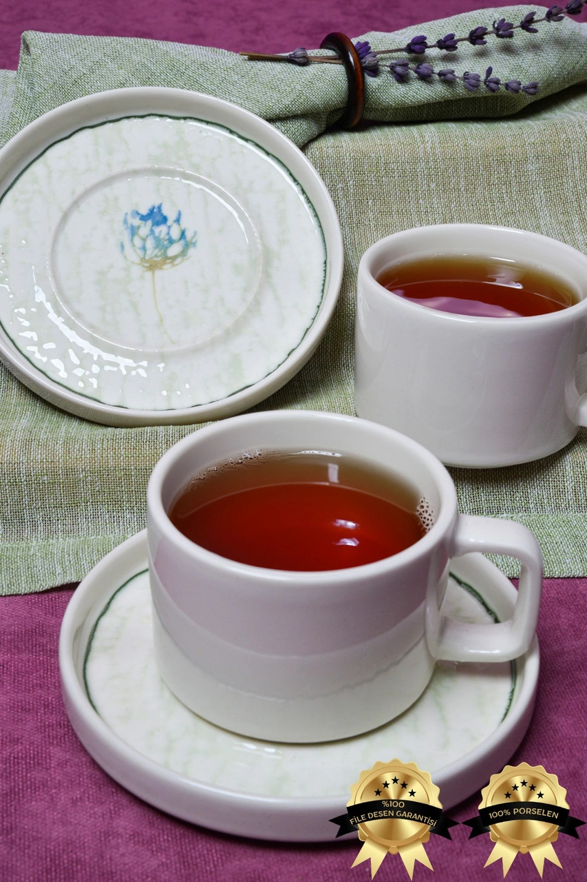 Ebrusu 4 Parça 2 Kişilik Porselen Çay Fincan Takımı Beyaz