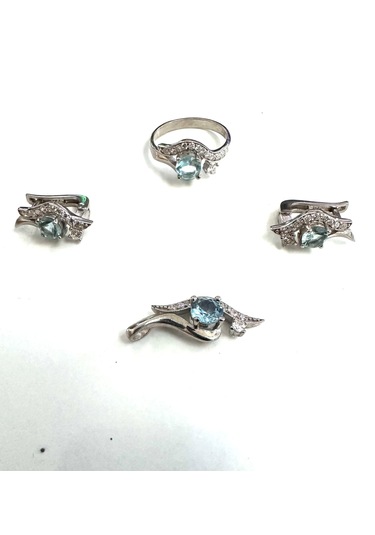 Göz Modeli Gümüş Set Takım Akuamarin Ve Zirkon Taşlı 925 Ayar