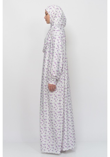 Pratik Tek Parça Çiçek Desenli Kollu Tak Çıkar Başörtülü Likralı Tesettür Namaz Elbisesi 990-0201 Mor Antrasit