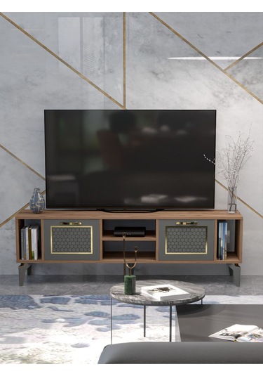 Tv Sehpası Tv Ünitesi Atlantik Çam Antrasit Gold 160 Cm Linya 5040 Kahverengi
