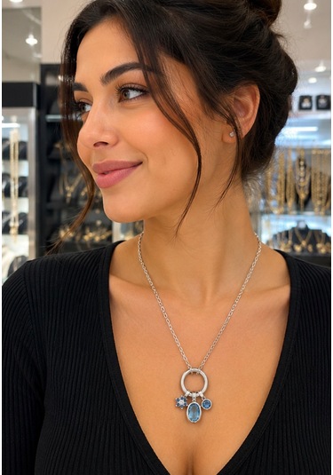 Blue Crystal Charm Halka Kolye Gümüş