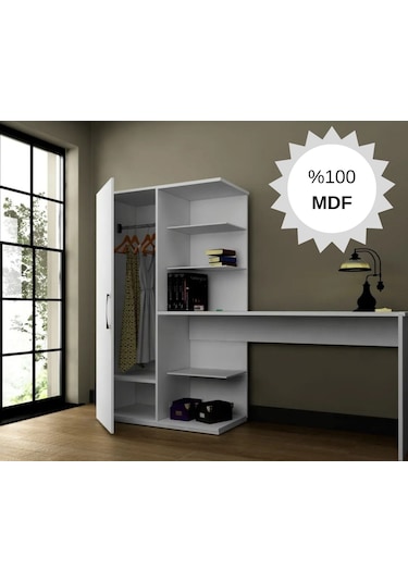 Mdf Narin Raflı Dolaplı Çalışma Masası Beyaz Dolap Solda 1 Beyaz