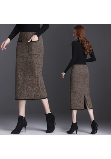 Sonbahar Kış Kadın Midi Örme Etek Kadın Etek Yüksek Bel Kalınlaşmak Cepler Ince Bir Adım Kalça Etek Kahverengi