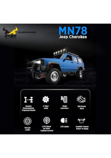 Mn Model Mn78 1/12 Jeep Cherokee 4x4 Rc Model Crawler Offroad Truck Uzaktan Kumandalı Araba Rtr Mavi+dahili Işık Seti