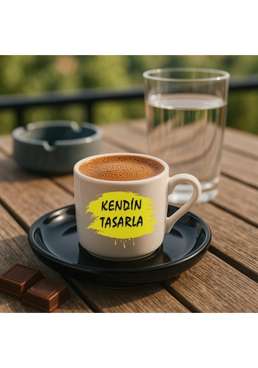 Kendin Tasarla Bardak - Kişiye Özel Bardak Satıya Sor 2 Türk Kahvesi Fincanı Siyah Altlıklı