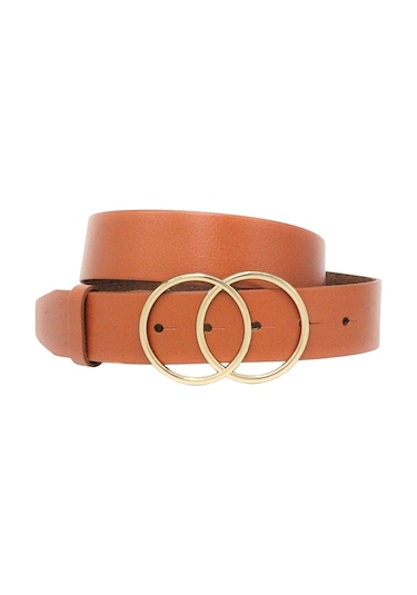 Livize Kadın Kahverengi Hakiki Deri Çift Halka Sarı Toka Kemer Taba