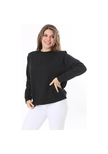 Kadın Büyük Beden Siyah Omuz Detaylı Ön Baskılı Sweatshirt 65n38050-siyah Siyah