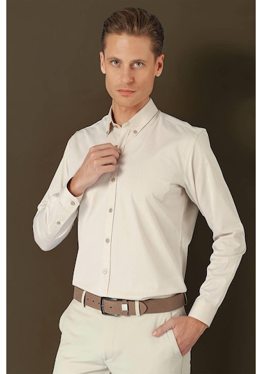 Efor Gk 711 Slim Fit Bej Klasik Gömlek Bej